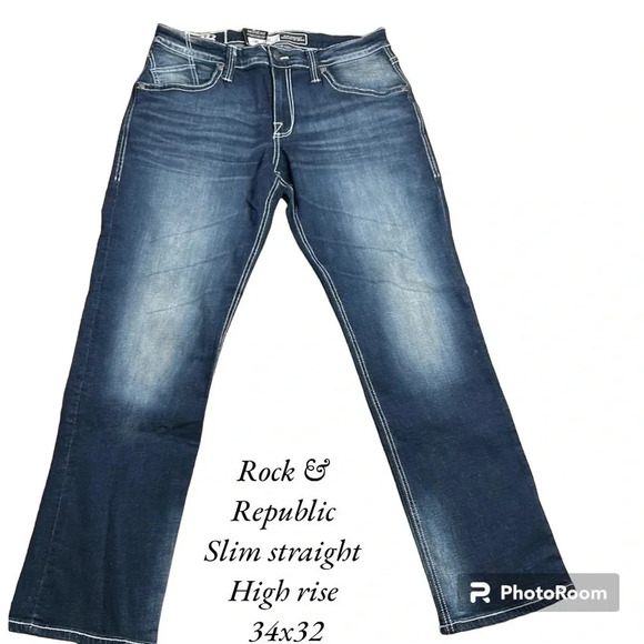 Rock& Republic jeans, men 34x32 SLIM  ,STRAIGHT,blue ,logo,denim,NWT, faded - Picture 4 of 12